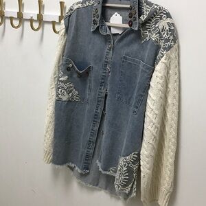 POL Nashville bound Denim and Knit Button-Up Shirt with Embroidery shacket.